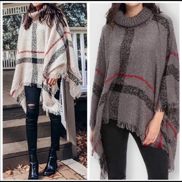 New! Gray plaid soft turtleneck poncho - Picture 5 of 7